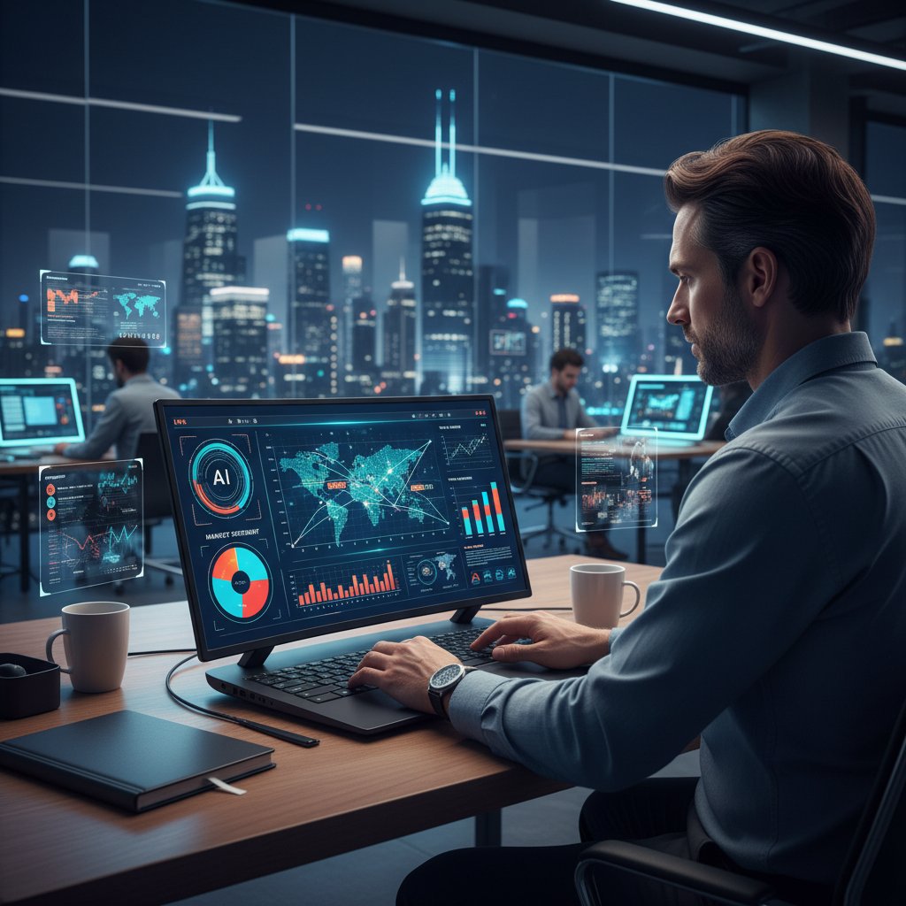 Zaawansowana platforma informacyjna z analizą trendów, osoba przeglądająca wiadomości na laptopie, wizualizacja danych