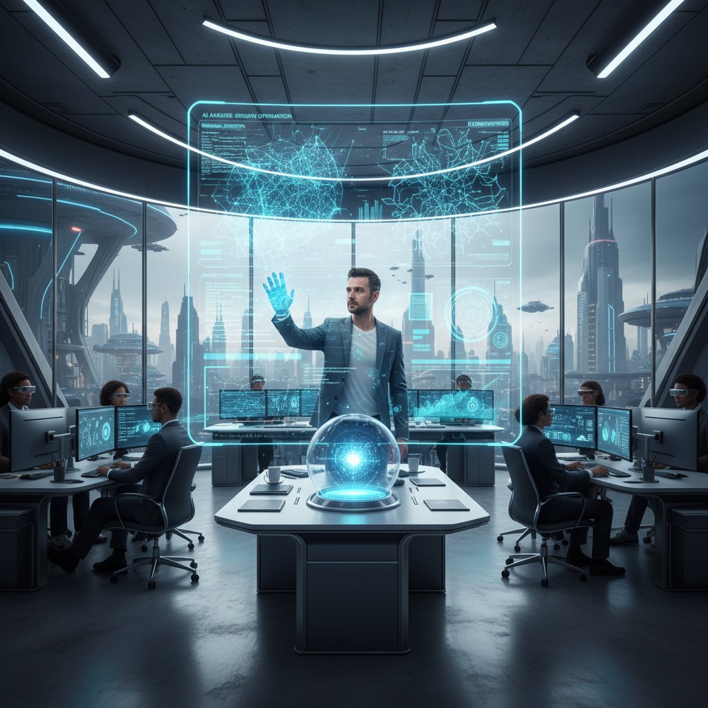 Zaawansowany technologicznie gabinet, przedsiębiorca analizujący dane AI na ekranie