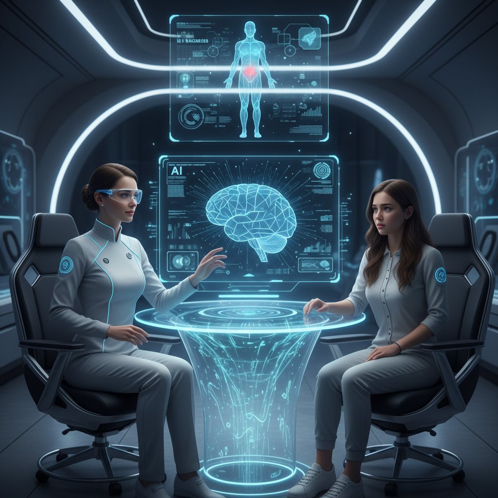 Zaawansowana platforma konsultacji zdrowotnych online, interfejs AI, lekarz i pacjent, futurystyczna atmosfera