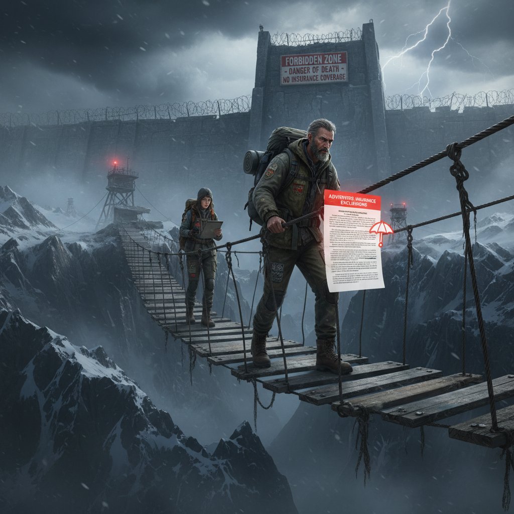 Adventure travelers facing danger in forbidden zone, symbolizing absolute exclusions in adventure insurance