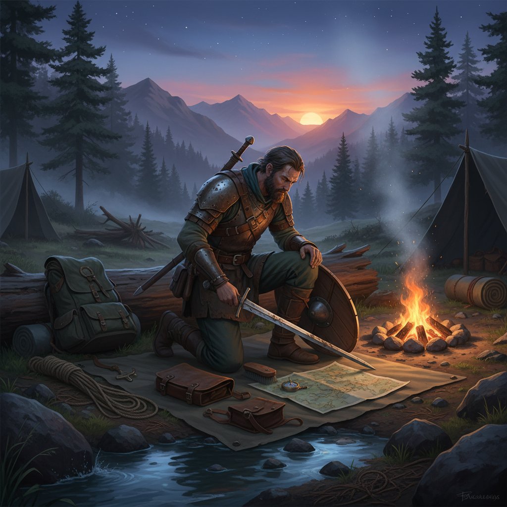 Person maintaining adventure accessories outdoors at camp