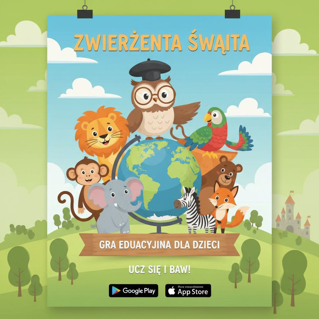Plakat reklamowy gry edukacyjnej o polskich zwierzętach z postaciami zwierząt