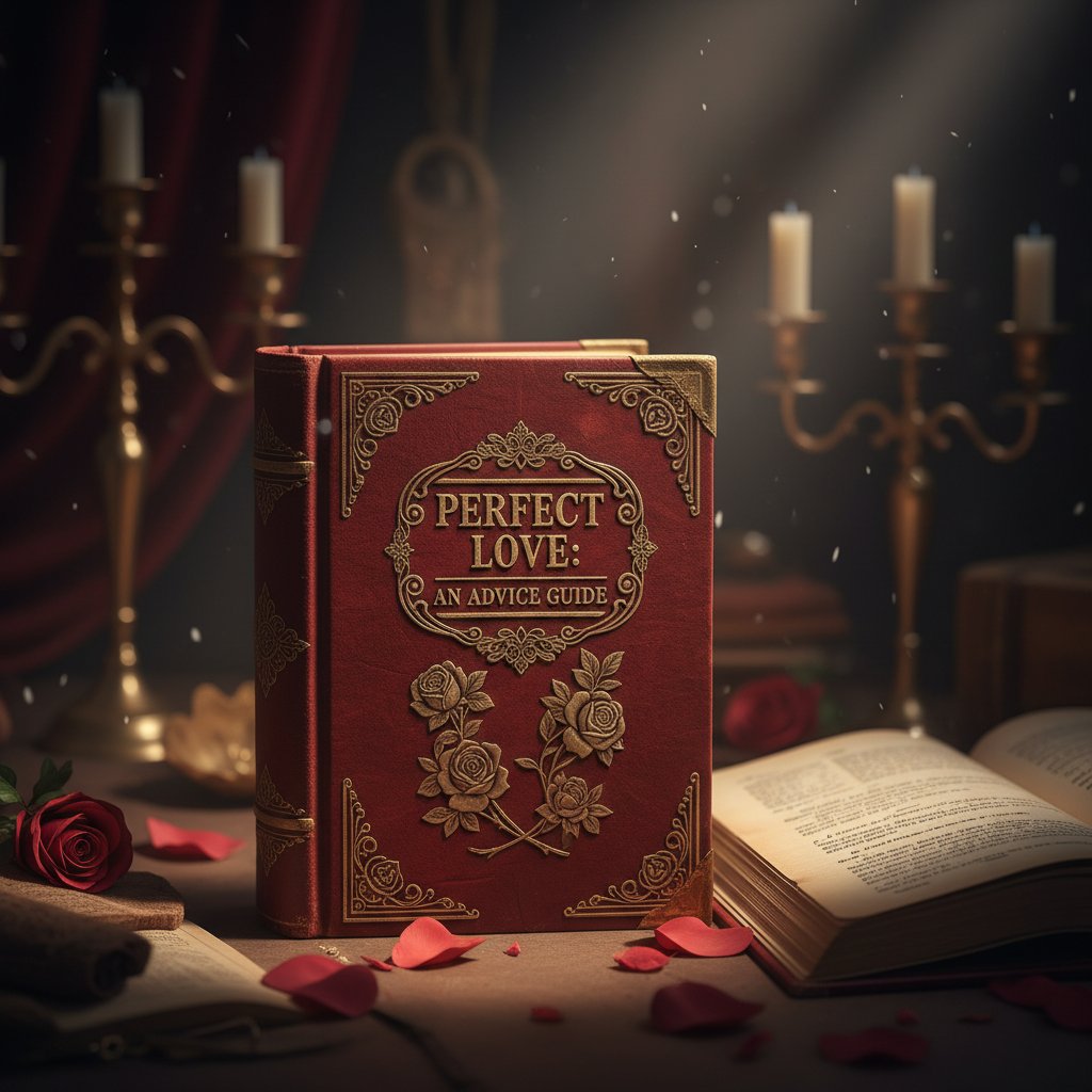 Glossy relationship advice book cover promising perfect love, dramatic lighting, symbolizing seductive marketing