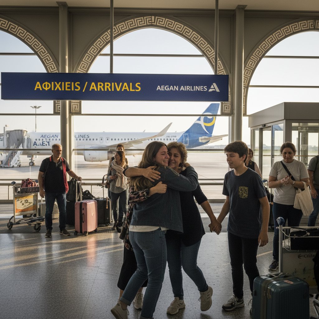 Travelers reunited at Athens airport, 2025. Candid family reunion in the arrivals hall with emotion and luggage