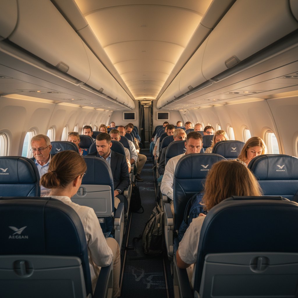 Inside an Aegean Airlines cabin, 2025. Sunlight streams through the windows, with business and leisure travelers seated calmly