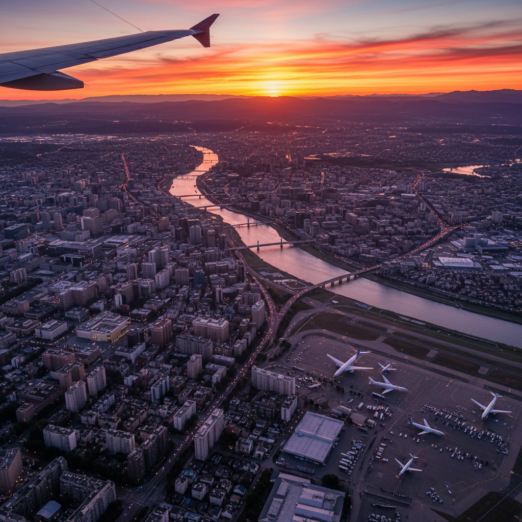 Widok na miasto z lotu ptaka przez okno samolotu podczas zachodu słońca, słowa kluczowe: przesiadka, zwiedzanie, 24h