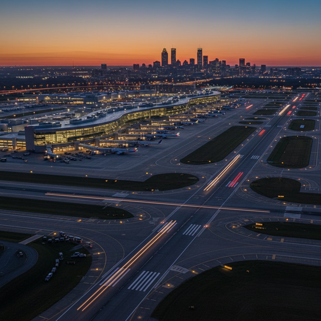 Aerial view of sprawling Atlanta airport with planes taxiing at dusk, busy atmosphere, airport terminal in the background
