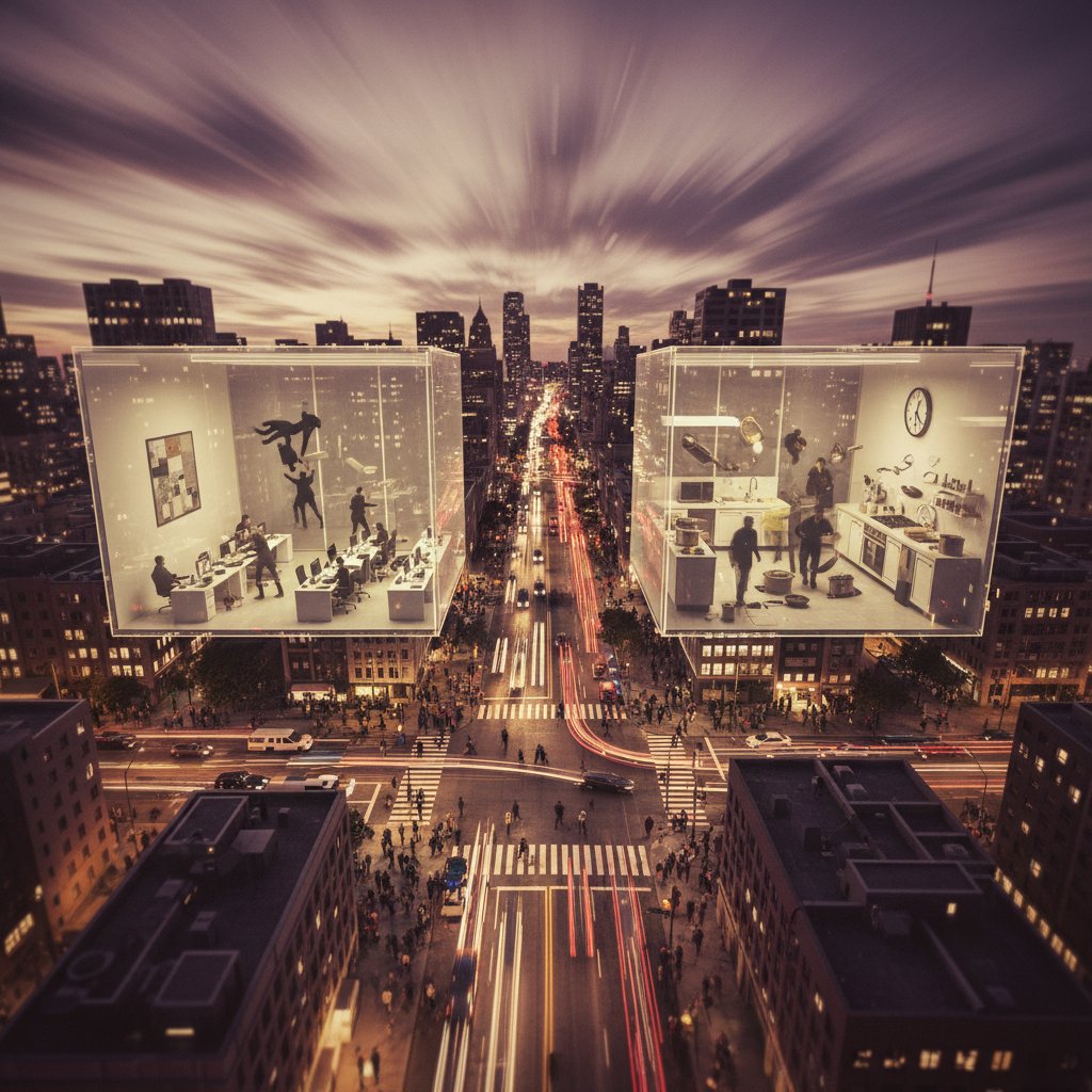 Widok z lotu ptaka na zatłoczone polskie miasto — ludzie pędzący między biurem a domową kuchnią, obrazujący codzienny pośpiech Polaków