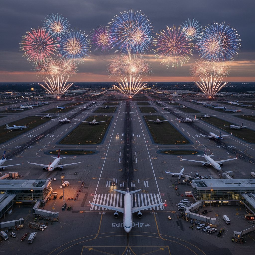 Aerial shot of busy airport with July 4th fireworks in background, showing crowded runways and high-contrast dusk lighting