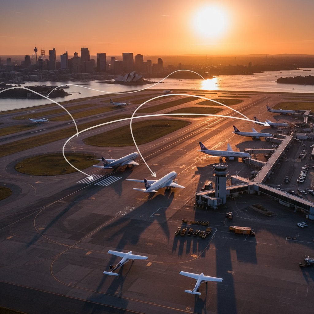 Aerial view of international planes at Sydney Airport, city skyline in the distance, sunrise colors, flight routes overlaid