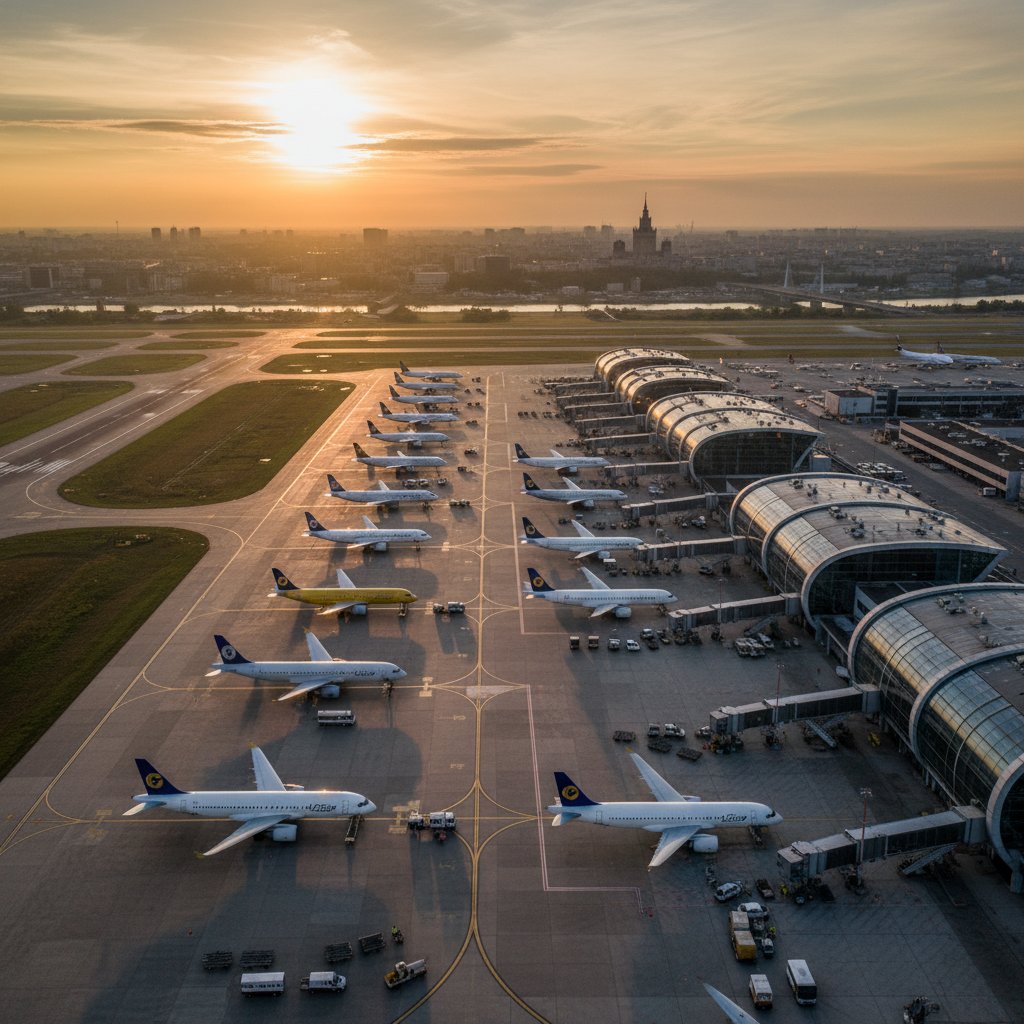 Lotnisko Chopina z lotu ptaka o wschodzie słońca – na zdjęciu wyraźna aktywność, samoloty na płycie