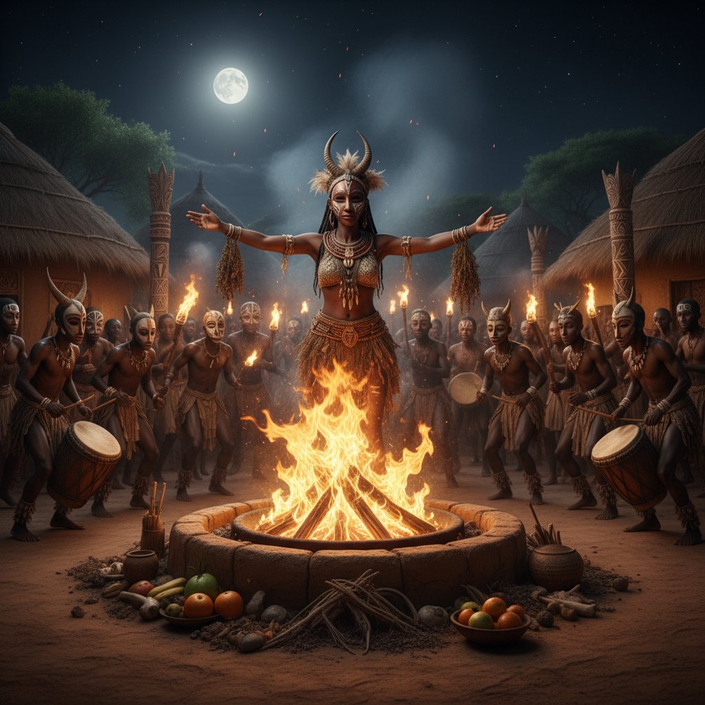 A dramatic scene from an African fantasy film: village priestess performing a ritual, flames and masks, surrounded by villagers in awe