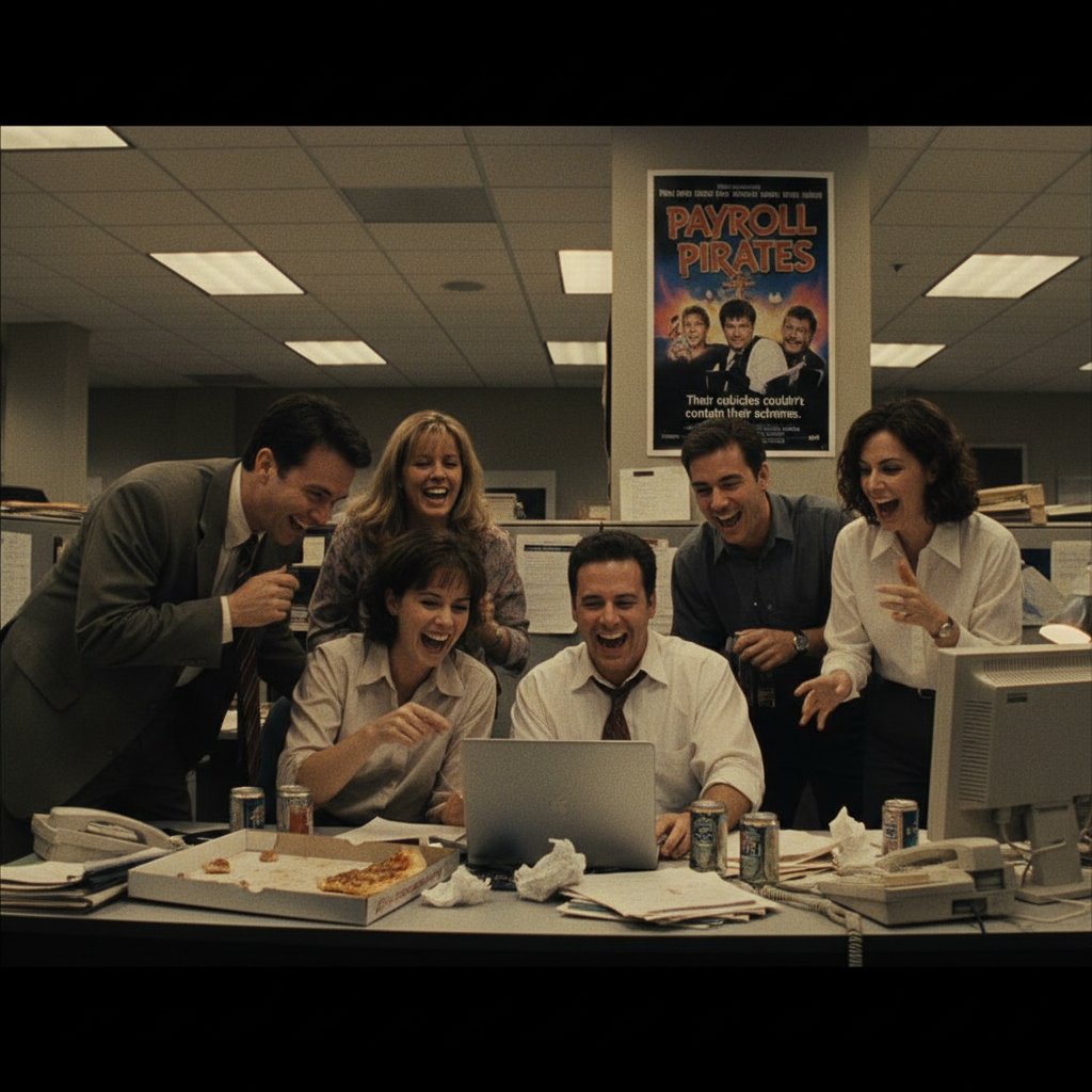 After-hours open office scene with coworkers sharing a quiet laugh