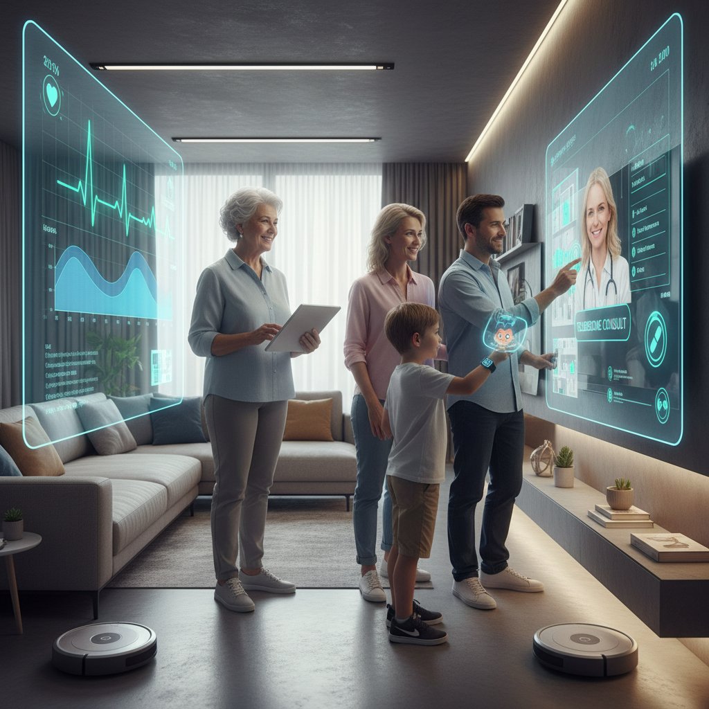 Różnorodne grupy wiekowe korzystające z cyfrowych rozwiązań zdrowotnych w domu, atmosfera bezpieczeństwa i współczesności