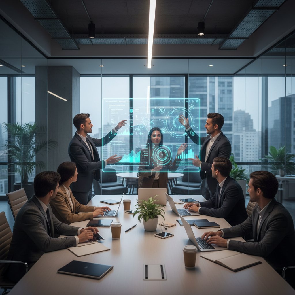 Zespół agencji podczas spotkania z panelem AI na ekranie, omawia wdrożenie automatyzacji