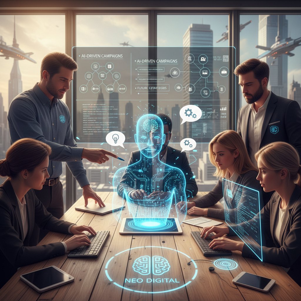 Zespół agencji podczas burzy mózgów z wirtualnym asystentem AI