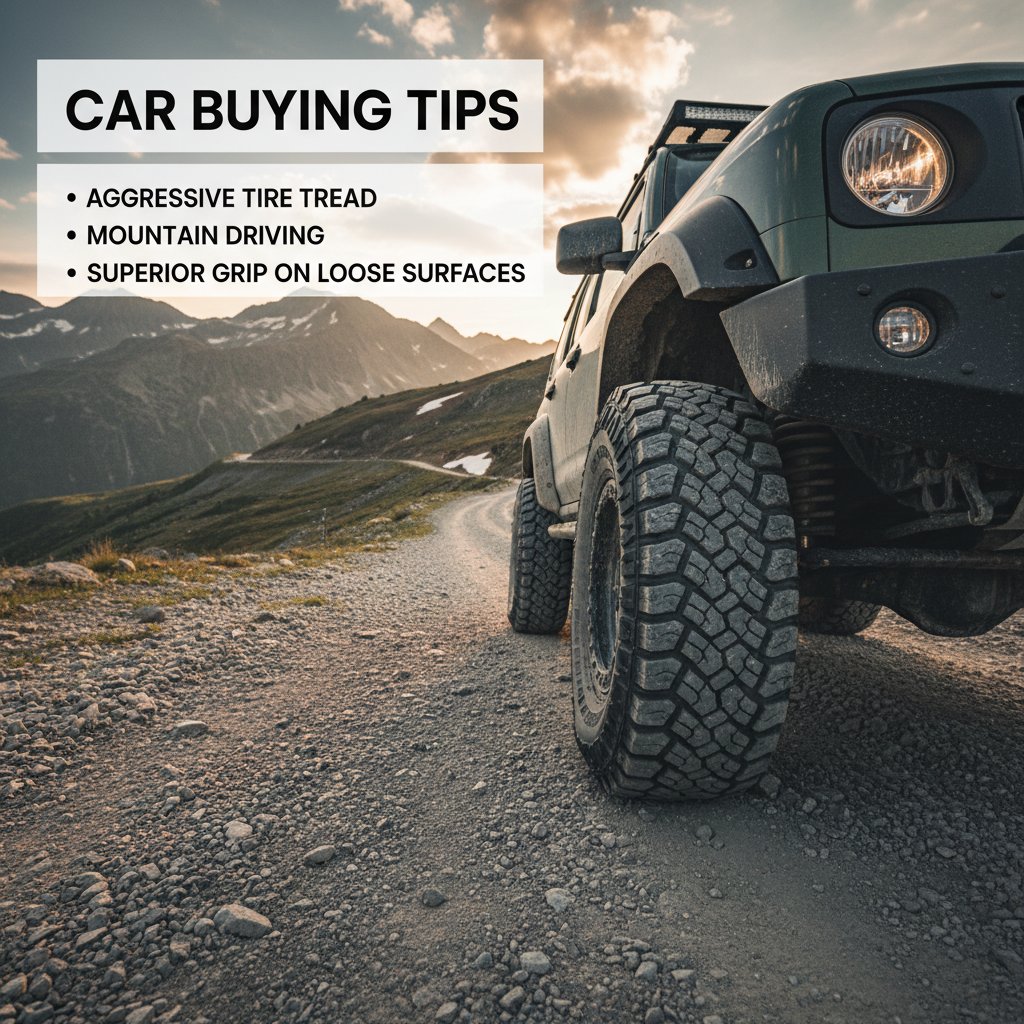 Heavy-duty tires gripping rocky mountain surface, essential for safe mountain driving