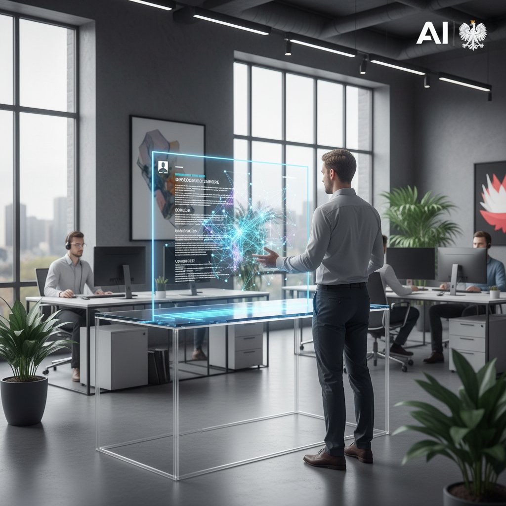 AI analizujące polskie CV na tle nowoczesnego biura