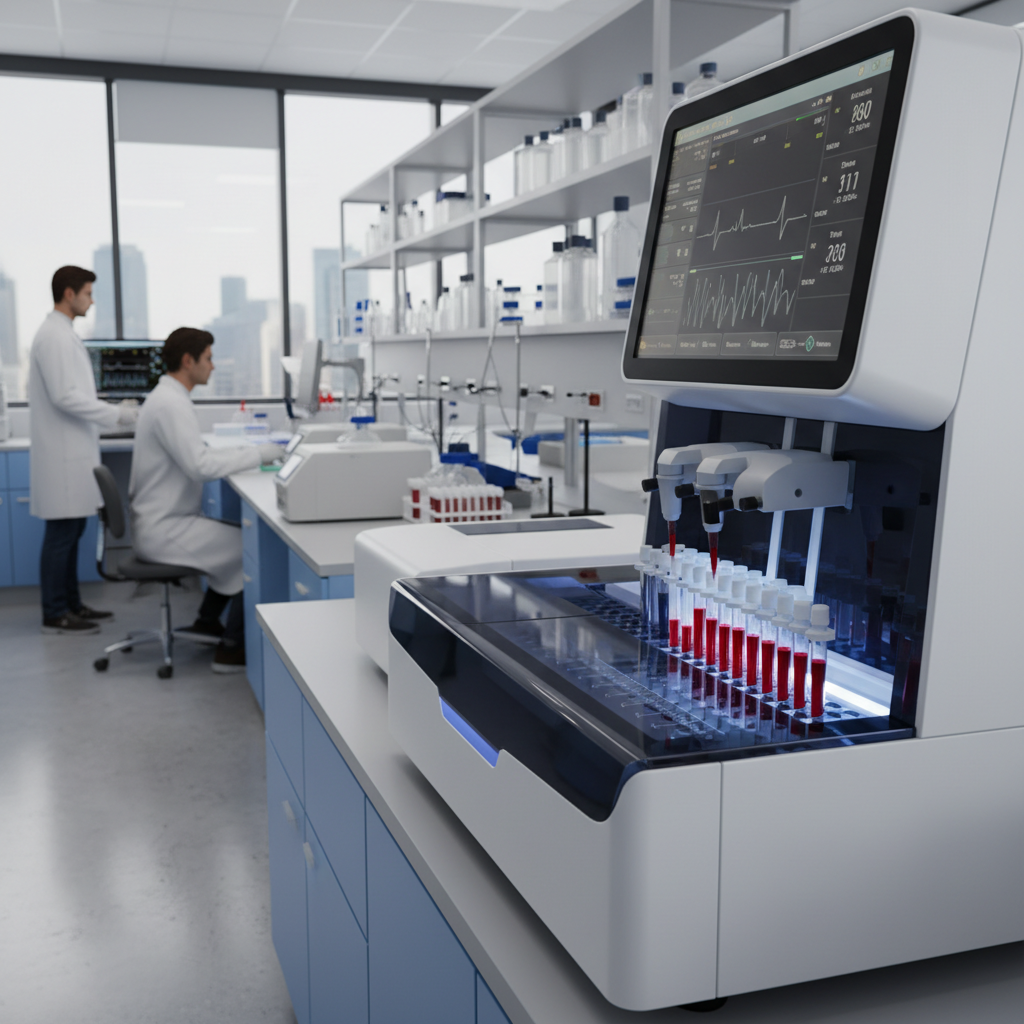 Analiza wyników krwi na ekranie komputera przez AI w nowoczesnym laboratorium