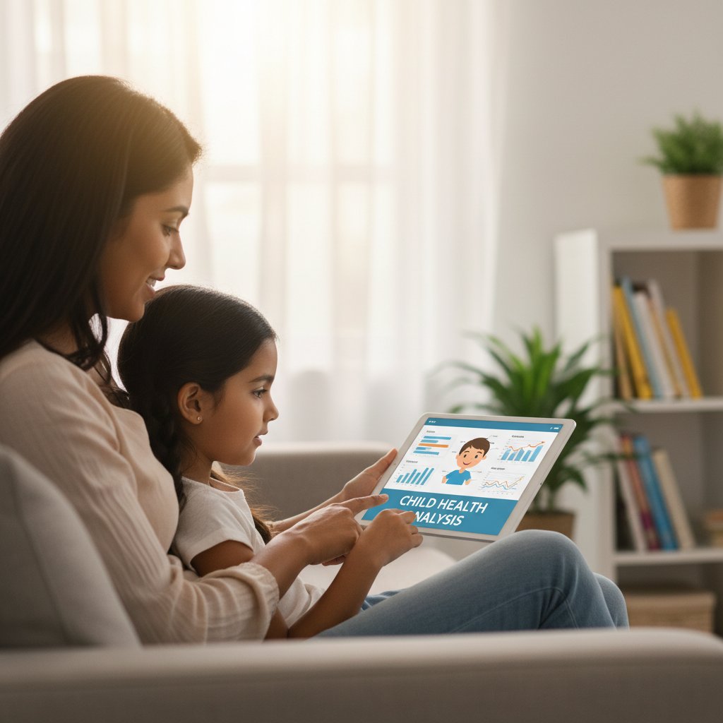 Scena z AI analizującym objawy dziecka na tablecie