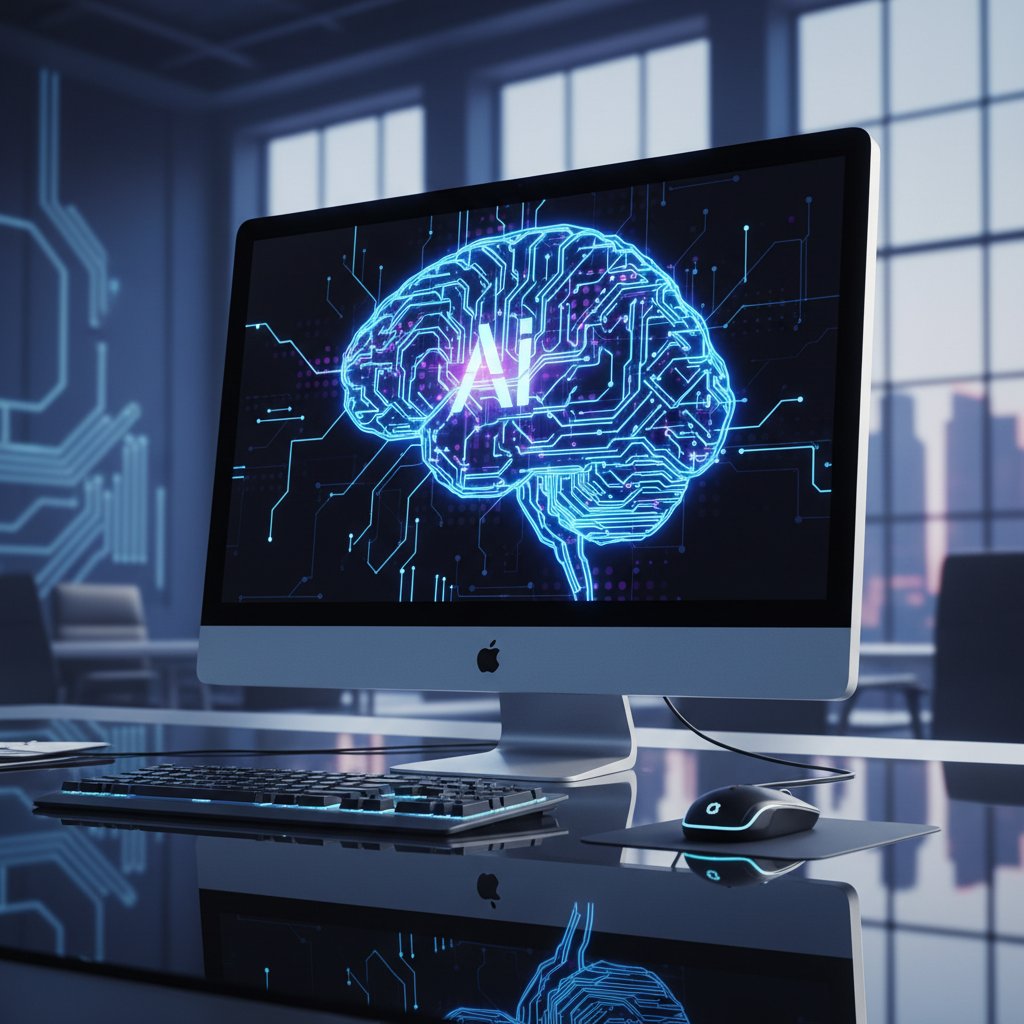 Widok ekranu komputera z AI analizującą dane, symbolika refleksji technologicznej