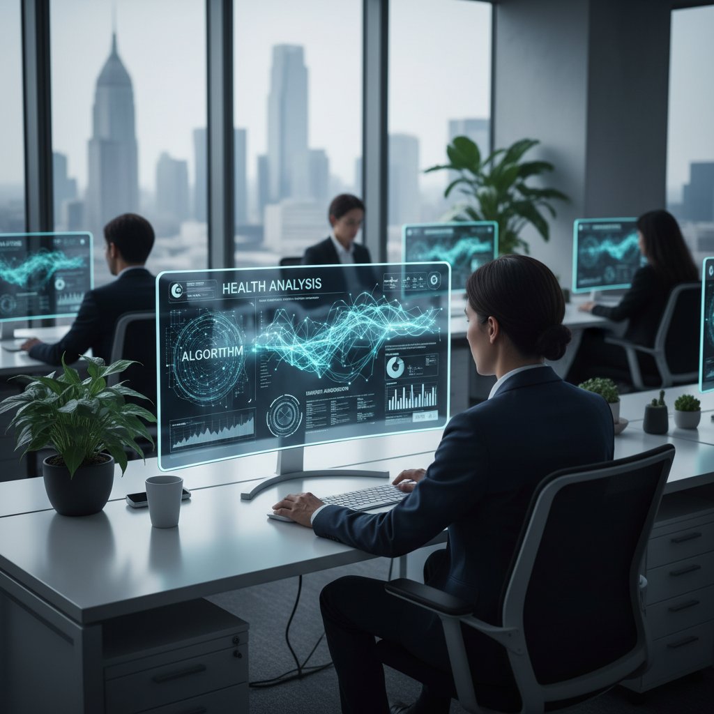Zbliżenie na ekran komputera pokazującego algorytm AI analizujący objawy zdrowotne, w tle nowoczesne biuro