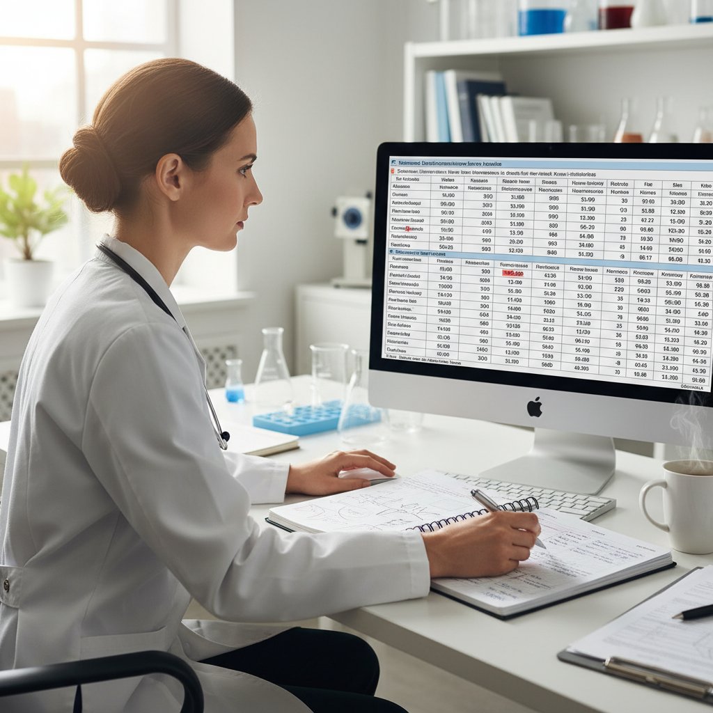 Zbliżenie na ekran komputera pokazujący analizę danych laboratoryjnych przez algorytmy AI, obok lekarz z notatnikiem