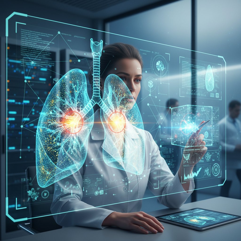 Diagnostyka AI – lekarz przy komputerze analizujący obrazy płuc z wygenerowanym raportem
