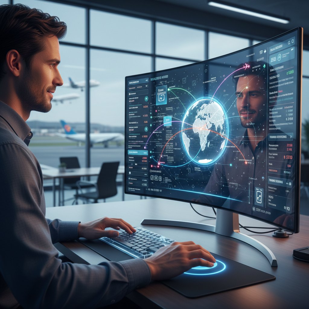 Mężczyzna analizujący wyniki wyszukiwania lotów na monitorze, motyw AI, dynamiczne dane na ekranie