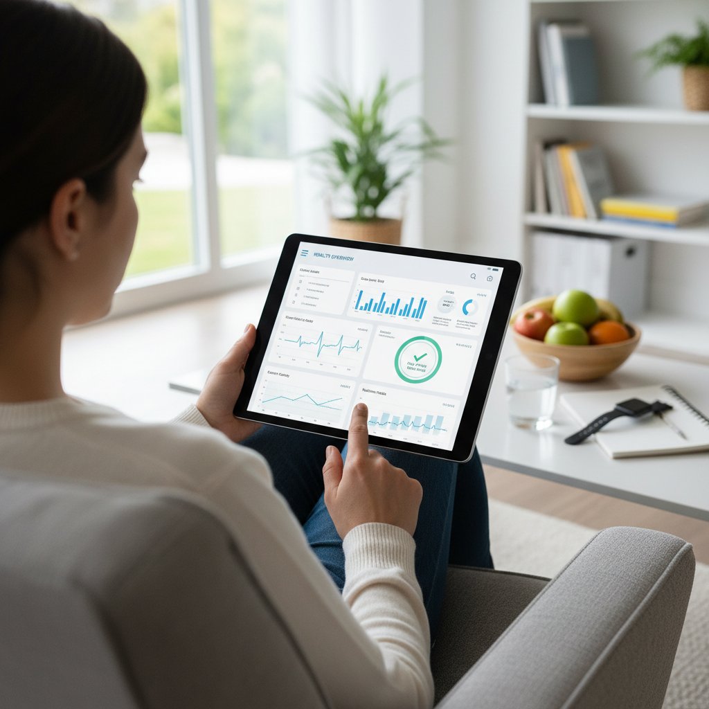 Zbliżenie na aplikację zdrowotną prezentującą analizę AI na tablecie w rękach użytkownika