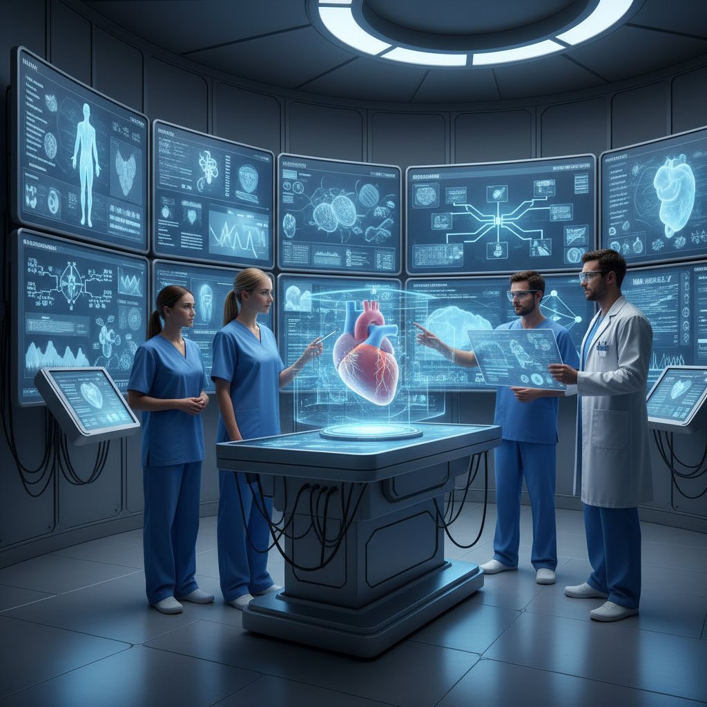 Zespół specjalistów korzysta z narzędzi AI podczas opracowywania wytycznych, ekrany pełne danych