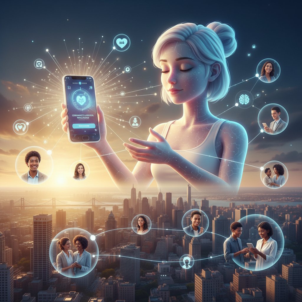 Symbole wsparcia: AI, psycholog, telefon, społeczność – na tle miejskiej panoramy o świcie. Obraz ilustrujący złożoność i możliwości wsparcia psychologicznego bez czekania