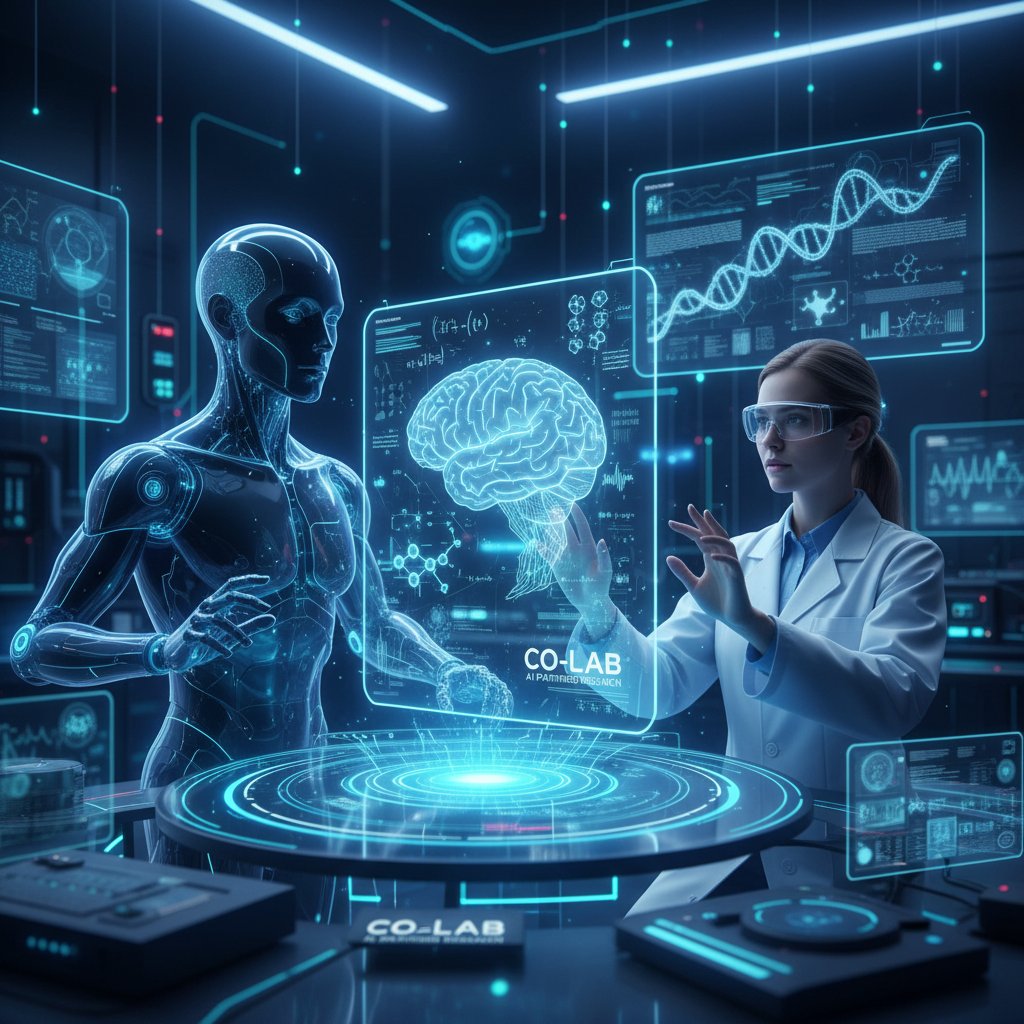 AI-powered tools assisting a research assistant in a modern lab, both collaborating on a digital interface