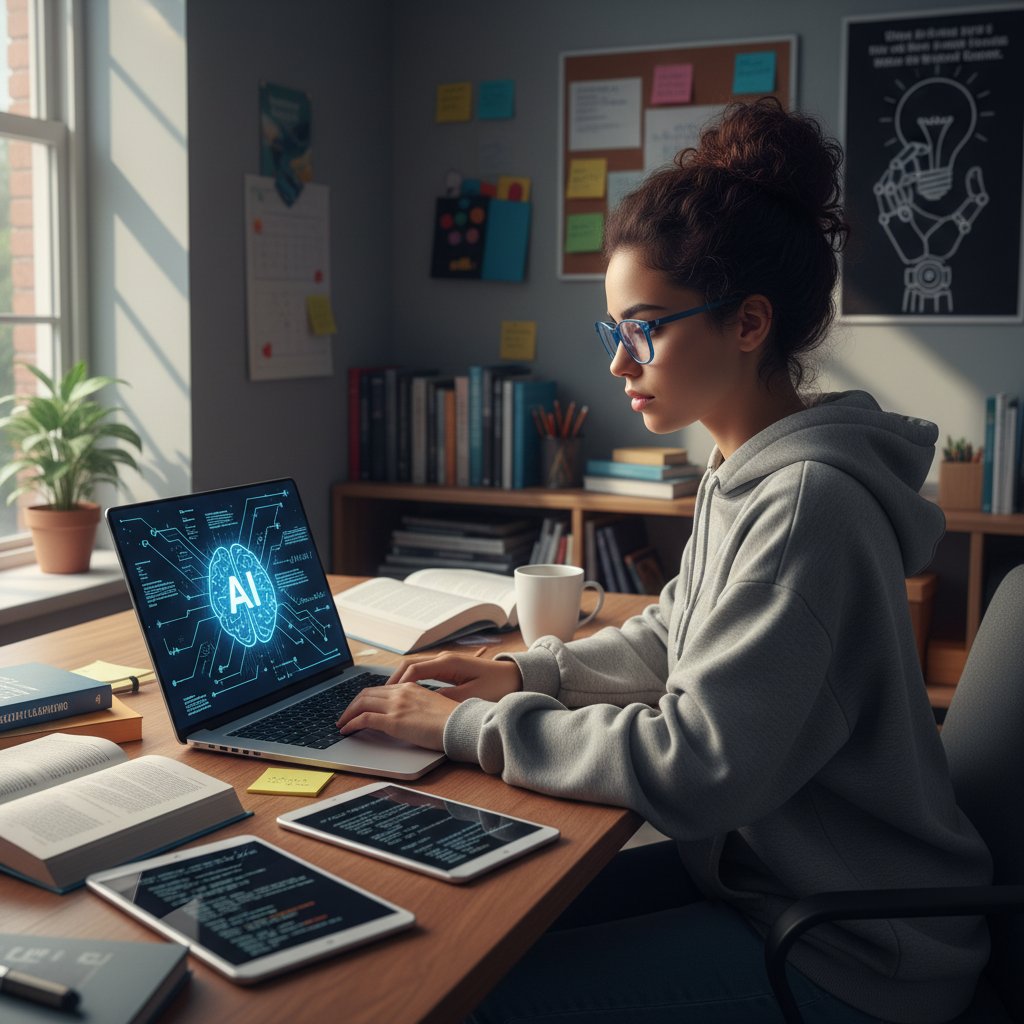 Sztuczna inteligencja w edukacji – uczeń i symboliczna postać AI nad laptopem