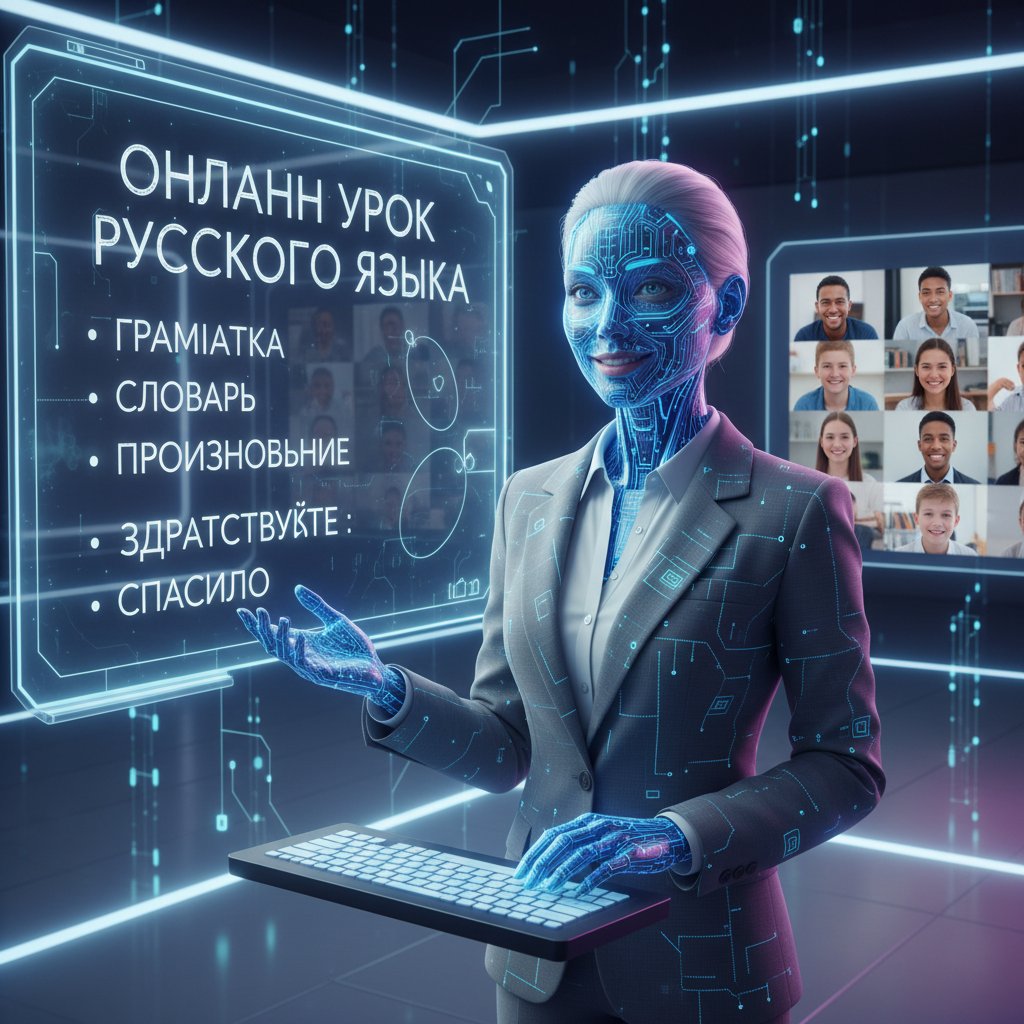 Nowoczesna klasa online z AI i nauczycielem, wspólna nauka, słowa kluczowe: sztuczna inteligencja, rosyjski pisanie online