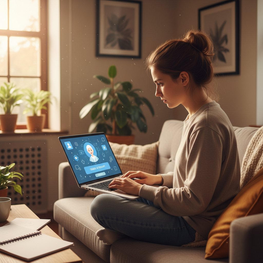 Osoba korzystająca z laptopa z platformą psycholog.ai, domowa atmosfera, skupienie
