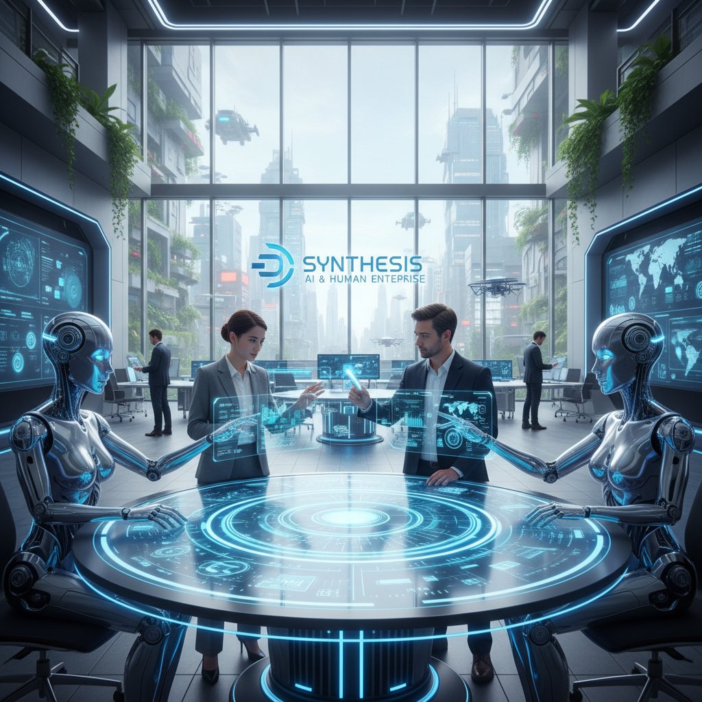 Human and AI coworker collaborating in a high-tech office, digital assistant and administrator at a futuristic workstation