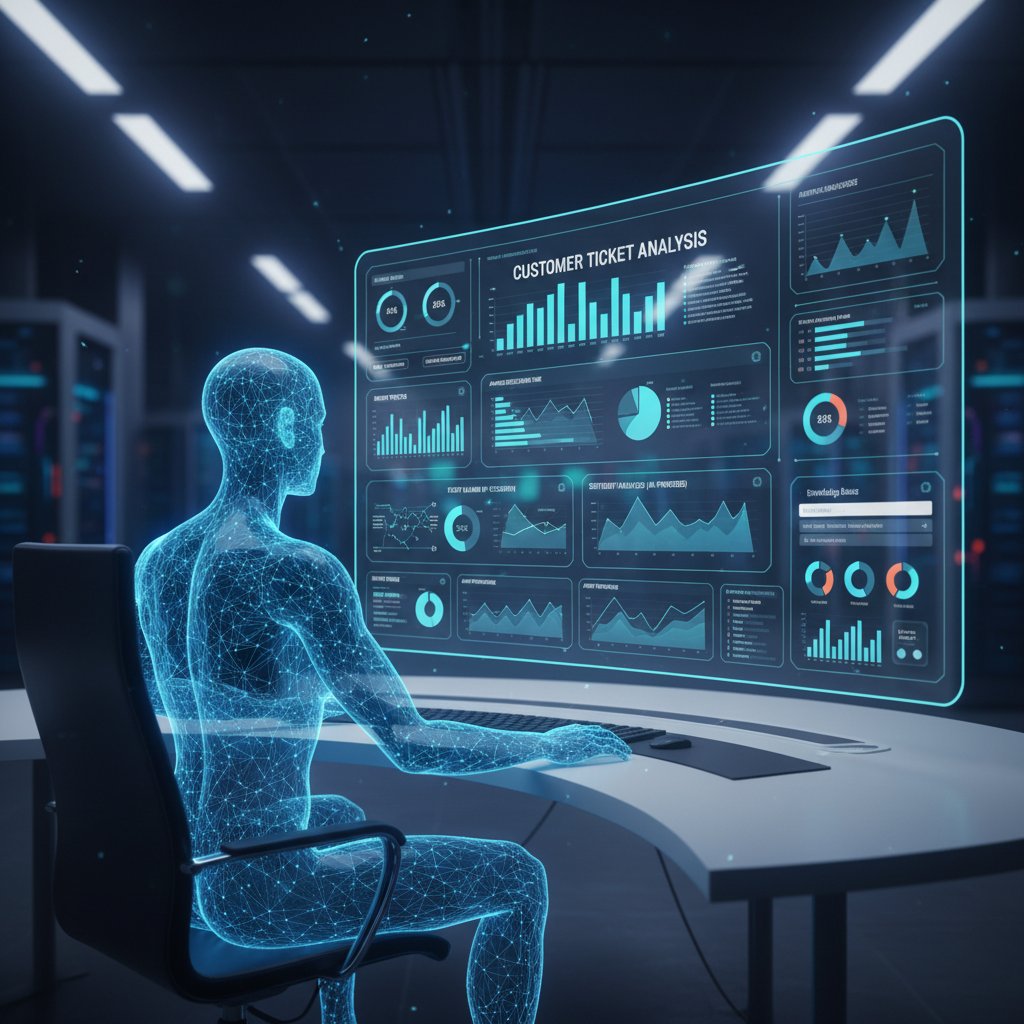 Agent AI analizujący dane zgłoszeń klientów na ekranie monitora