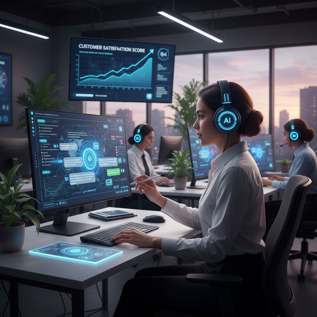 Agent AI w słuchawkach analizuje wiadomości klientów, obok konsultantka sprawdzająca wyniki