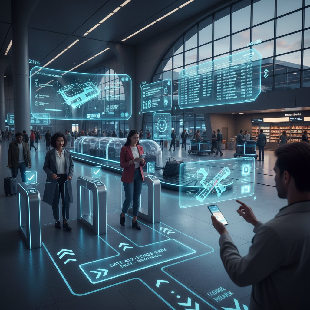 Nowoczesne technologie AI na lotnisku, ekrany, podróżni korzystający z aplikacji loty.ai
