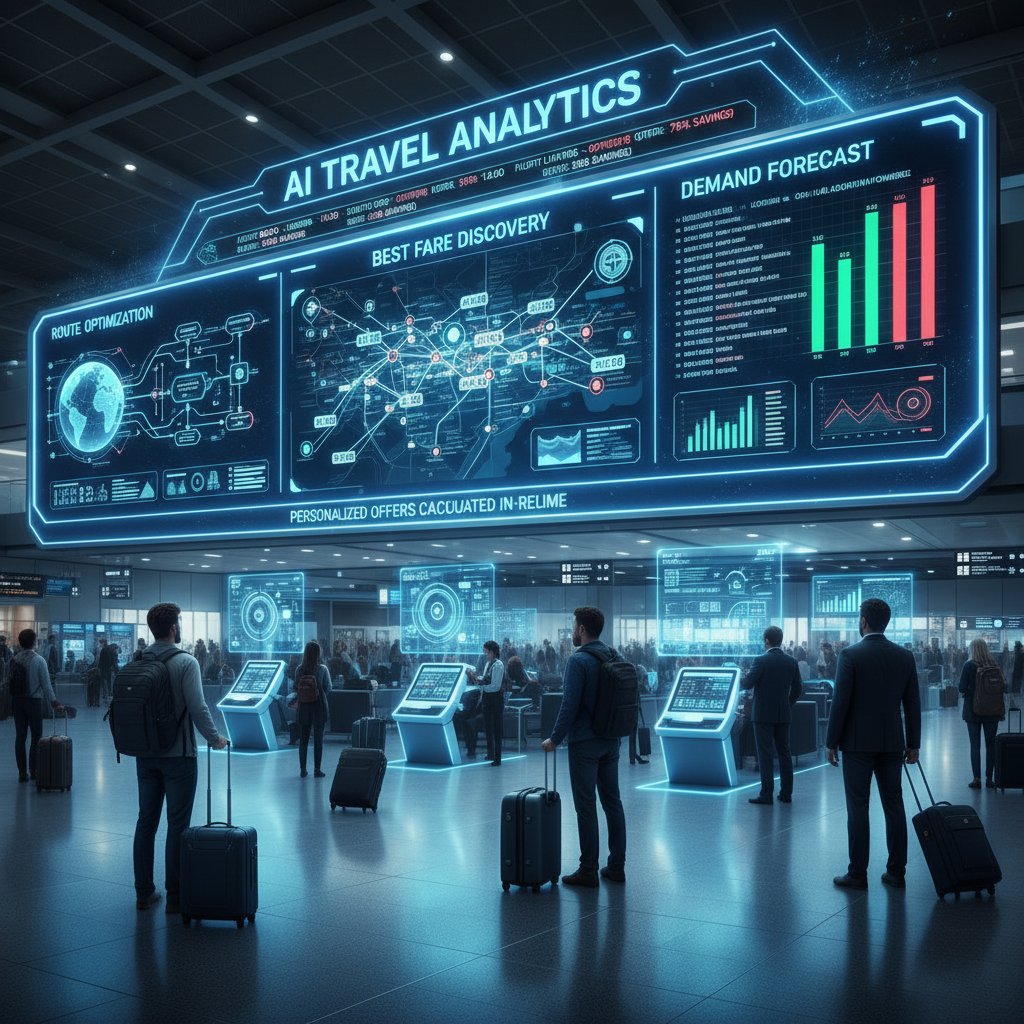 Algorytm AI na lotnisku analizujący oferty, komputer i tablica odlotów w tle