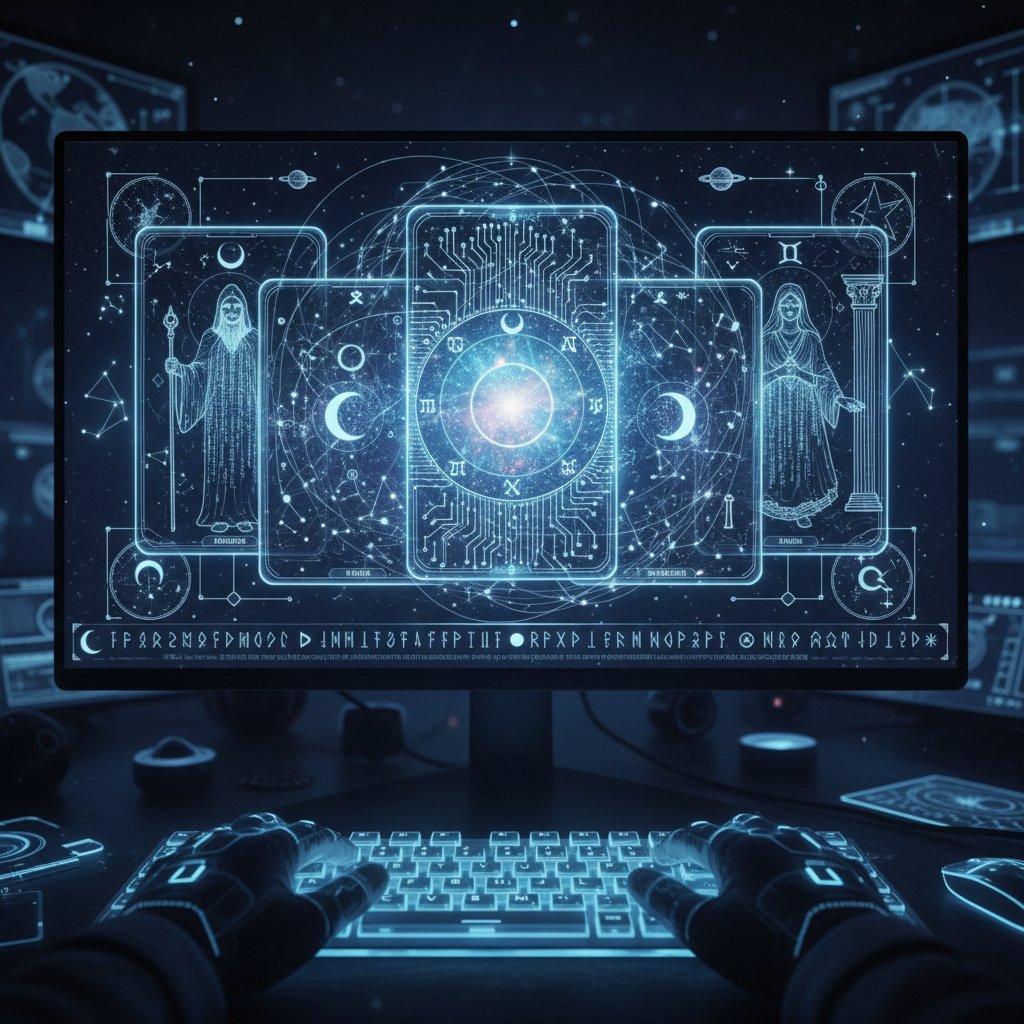 Nahaufnahme eines KI-Algorithmus auf Computerbildschirm, daneben Tarotkarten und Astrologie-Symbole – Bild für KI trifft Tradition in der Online-Beratung