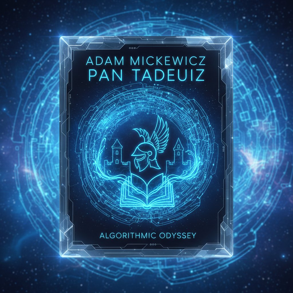 Sztuczna inteligencja analizująca polskie lektury, futurystyczna oprawa, okładki klasyków