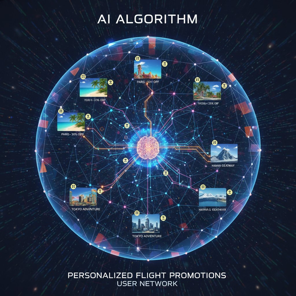 AI algorithm visualized as glowing network surfacing personalized flight promotions to user