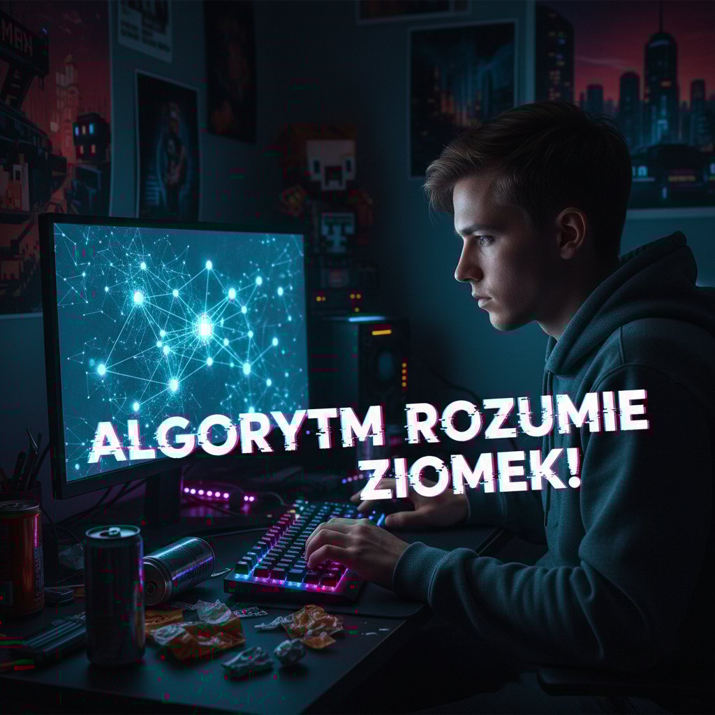 Algorytm AI analizujący polskie zwroty slangowe na ekranie komputera, wokół młodzi użytkownicy w różnym wieku