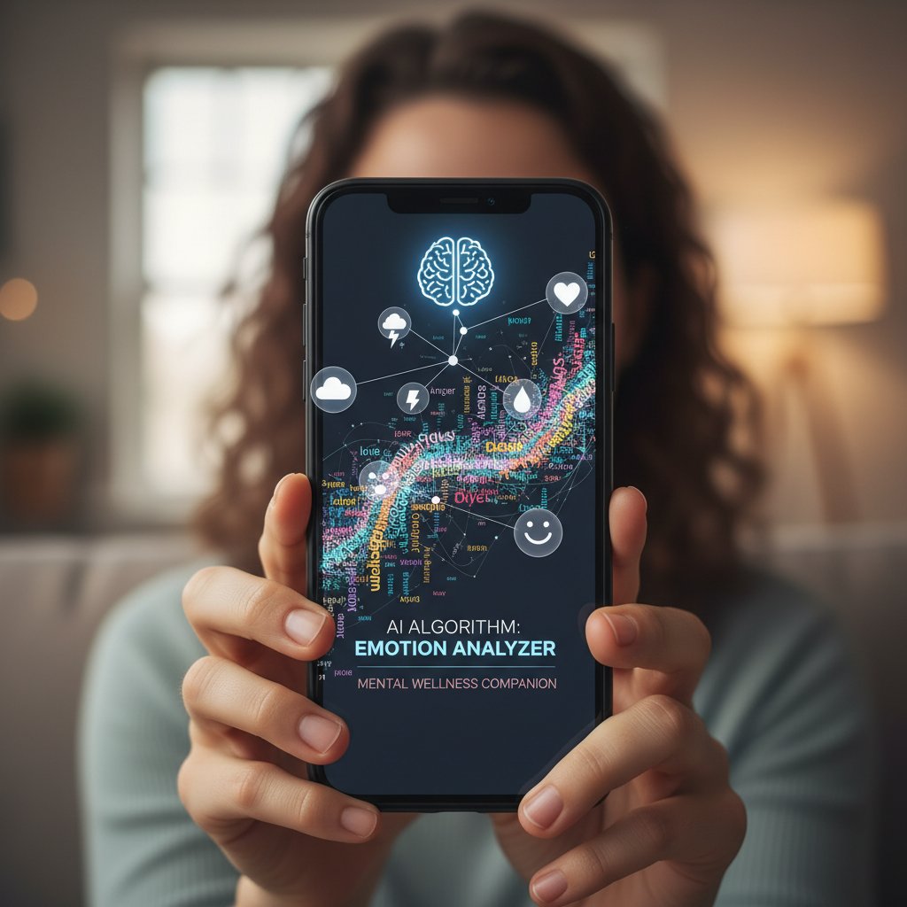 Algorytm AI analizujący emocje w komunikacji tekstowej na ekranie smartfona