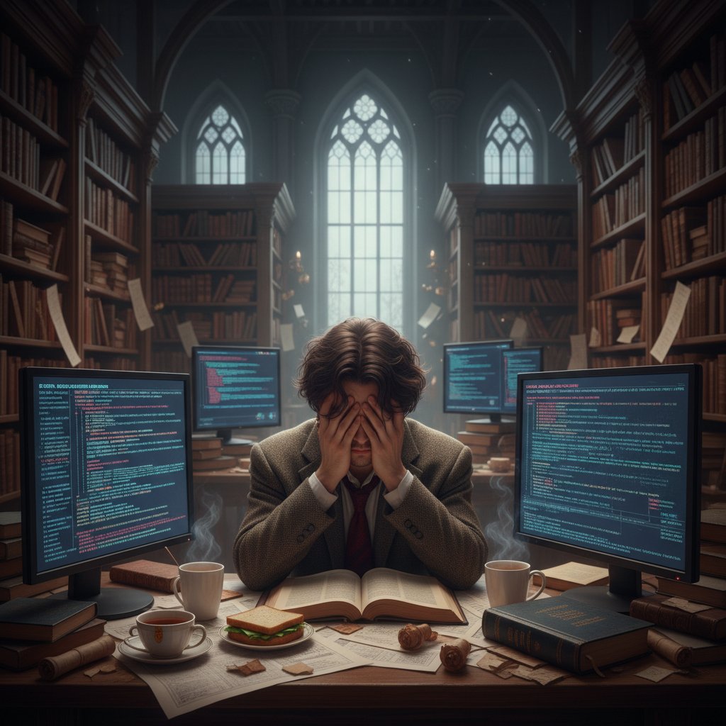 Split image of AI algorithm code and a researcher expressing skepticism, academic data interpretation software