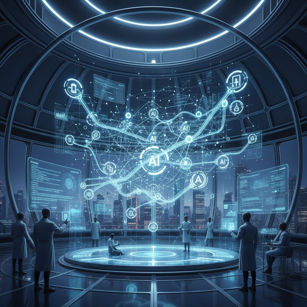 AI algorithms analyzing academic graphs, futuristic research scene, high contrast