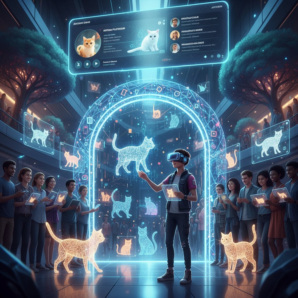 Algorytmy AI w społeczności miłośników kotów, ilustracja użytkownika korzystającego z nowoczesnego portalu