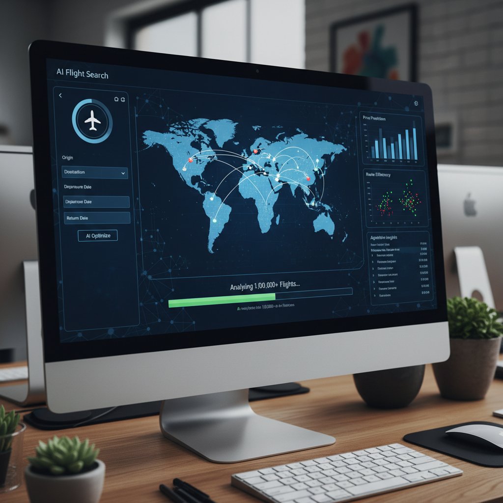Algorytmy AI analizujące ceny lotów, wizualizacja analizy danych na ekranie komputera